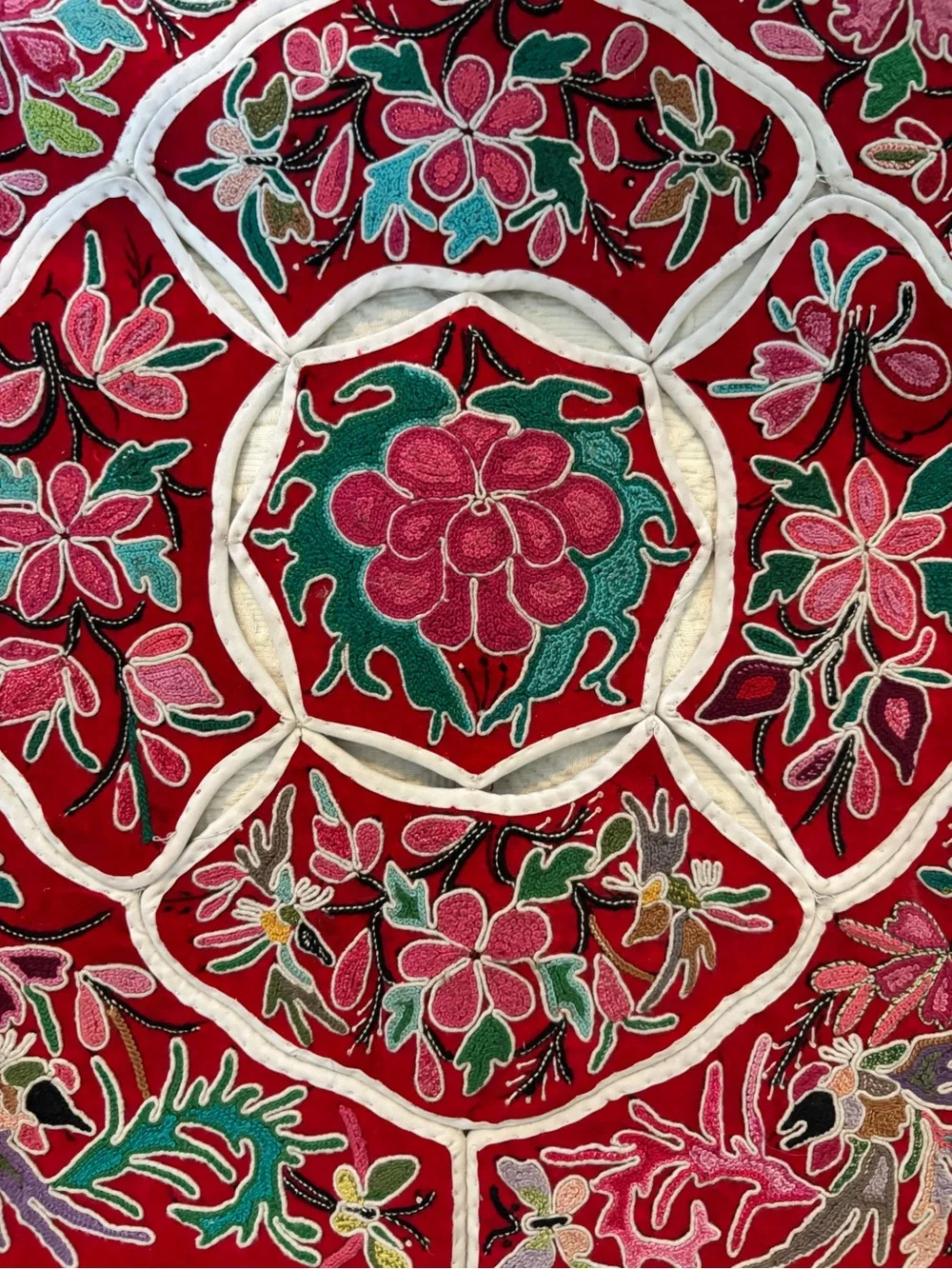 Embroidered Red Floral Bohemian Tapestry Wall Accent